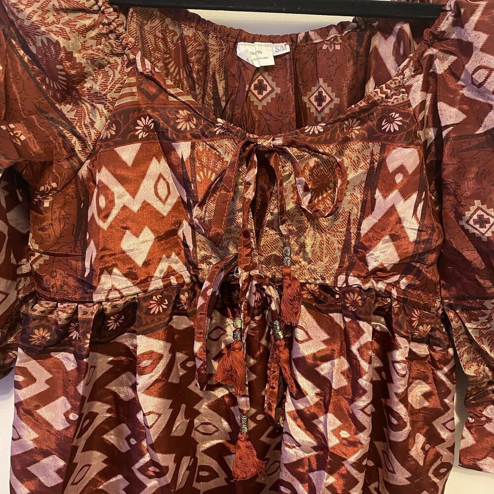 Mini Smocked Dress S Hippie Indian Festival Bohemian 3/4 Sleeve Geo Silky Statin - Picture 10 of 10